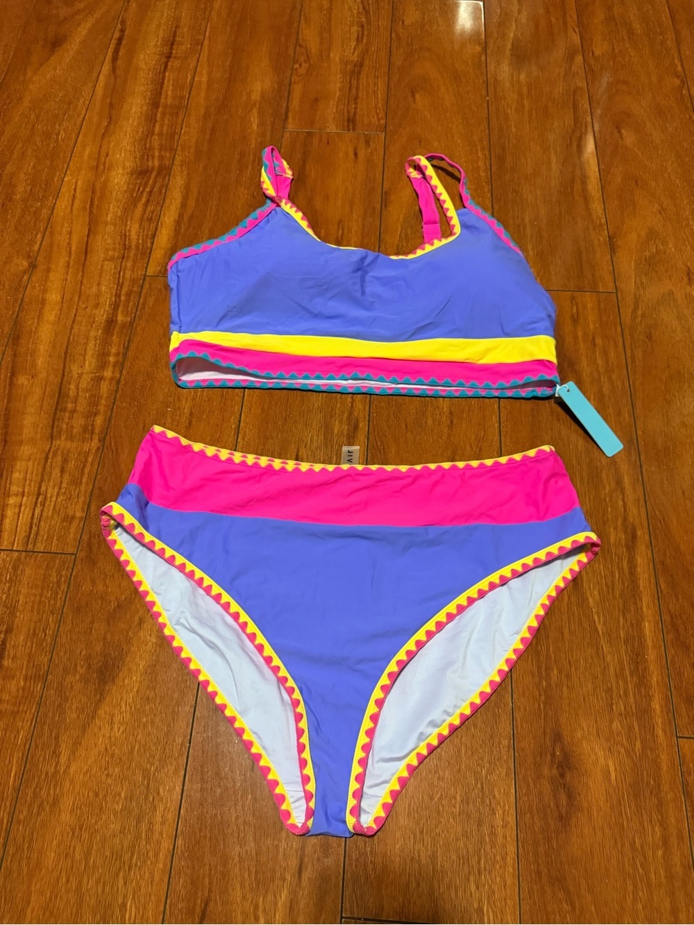 Purple & Pink Colorblock Women's Bikini Set with Yellow Trim